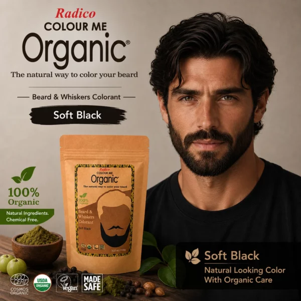 Radico COLOUR ME ORGANIC 100% ORGANIC BAKKEBAARDEN -en BAARDVERF Soft Black / Zwart ANTI-ALLERGISCH  Hypoallergeen met ECOCERT, HALAL, VEGAN – 100g